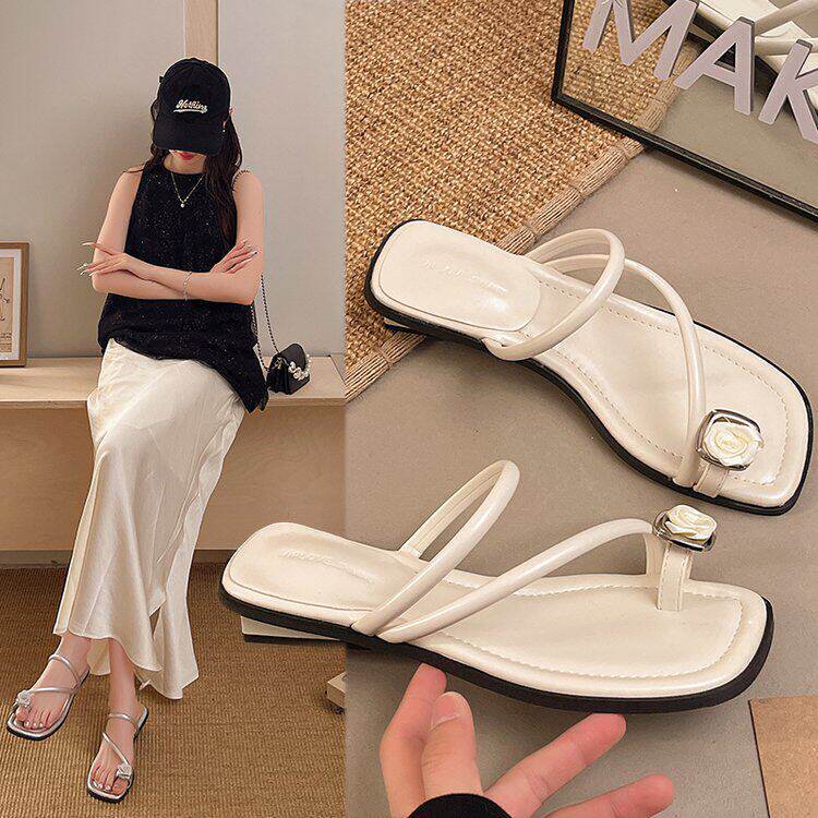 夹趾拖鞋女外穿半拖2026夏季新款仙女低跟凉拖配裙子平底套趾凉鞋