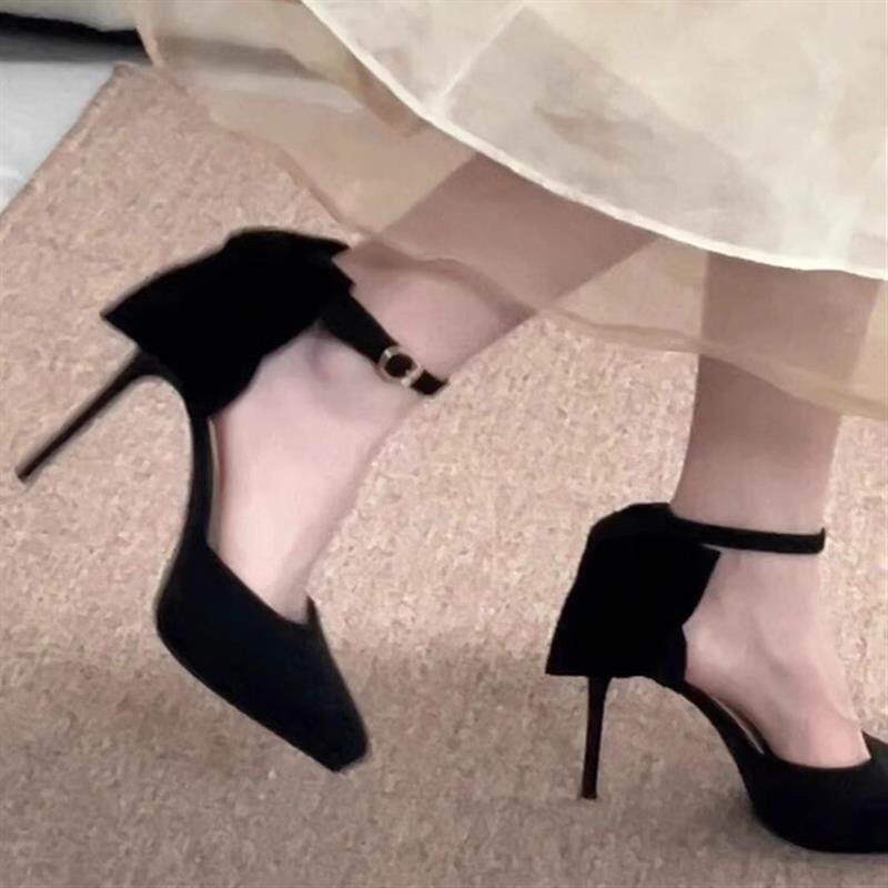 防水台高跟鞋女2026新款细跟蝴蝶结黑色绒面尖头气质高级不累脚夏