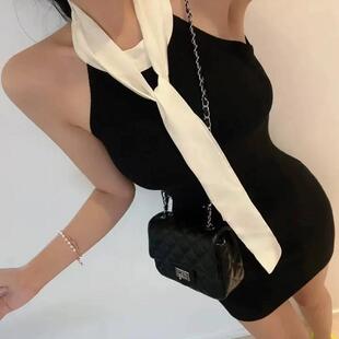 打底连衣裙 显身材设计感领口围巾领系带包臀无袖 春夏新款 气质修身