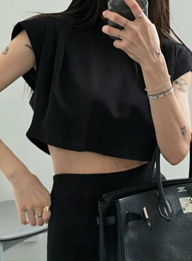 小个子蝙蝠短袖露腰洋气别致短款T恤夏简约百搭宽松圆领上衣女潮