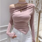 性感显胸一字肩皱褶长袖 T恤女秋冬纯欲风系带不规则修身 内搭上衣