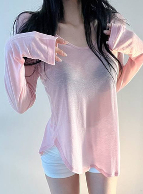 纯欲风性感V领微透舒适长袖T恤女春夏新款气质薄款宽松显身材上衣