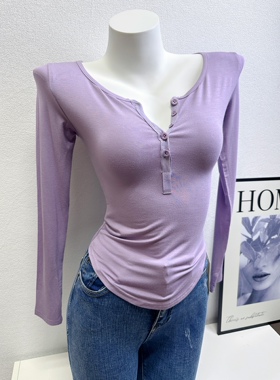 纯欲紧身性感长袖上衣女秋冬新款不规则下摆收腰修身百搭锁骨上衣