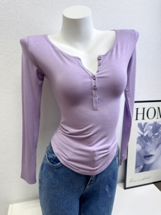 纯欲紧身性感长袖上衣女秋冬新款不规则下摆收腰修身百搭锁骨上衣