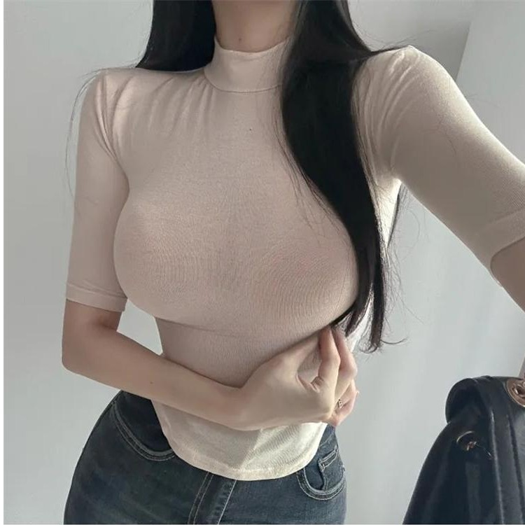 春夏新款气质修身薄款微透五分袖T恤女显身材半高领紧身显胸上衣