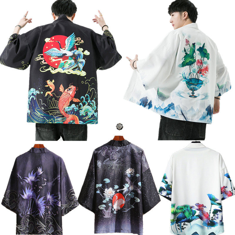 花卉荷花仙鹤民族风浮世绘羽织和服披风道袍3D数码印花服装厂直销