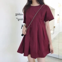 Hàn Quốc mua váy cotton và vải lanh của phụ nữ Pháp rượu vang đỏ rộng kích thước lớn 2019 mới một từ váy mùa hè - A-Line Váy váy liền thân chữ a đẹp