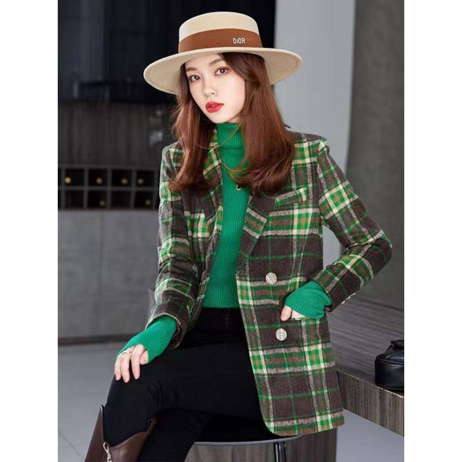 高级感绿色毛呢格子西装外套女秋冬新款覆古韩版修身撞色西服上衣,女装/女士精品,西装,淘宝优惠券,粉丝福利购,淘宝优惠卷