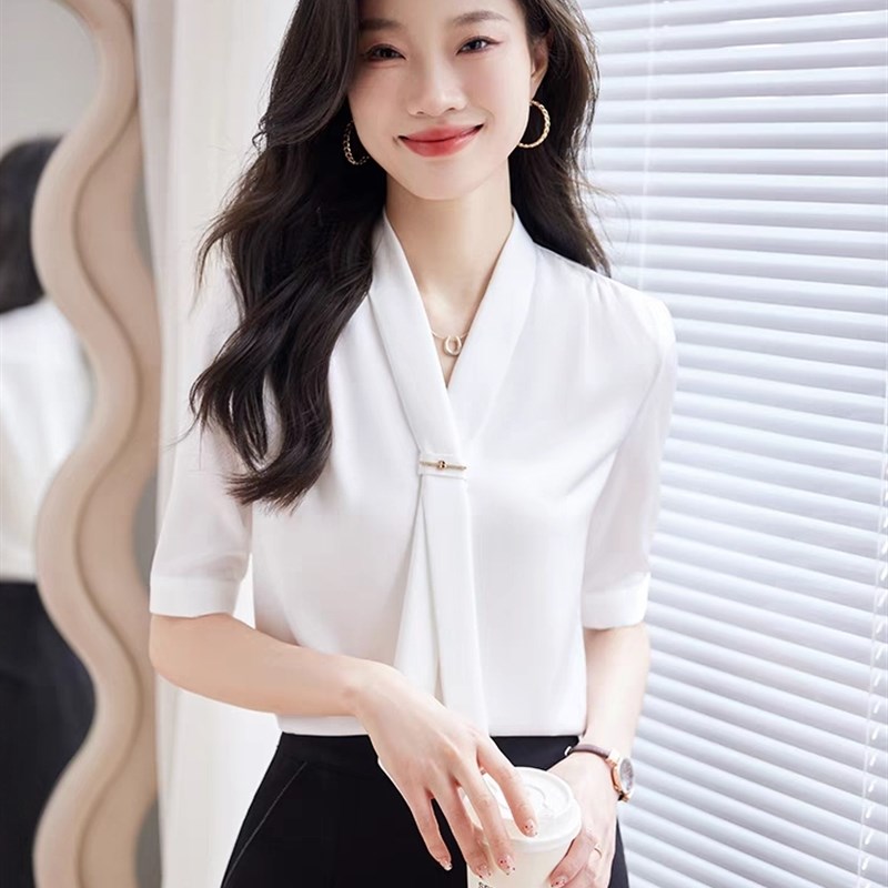淡绿色雪纺衬衫女士短袖夏季新时尚优雅商务薄飘带休闲V领衬衫