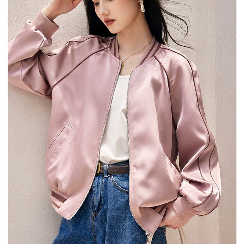 缎面棒球服开 春高级外穿洋派甜美小众宽松休闲 夹克薄款