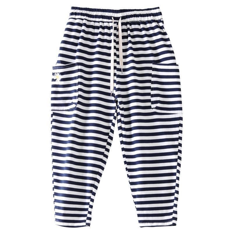 条纹休闲运动卫裤女夏季新款时尚斑马纹女士小脚七分薄款哈伦裤