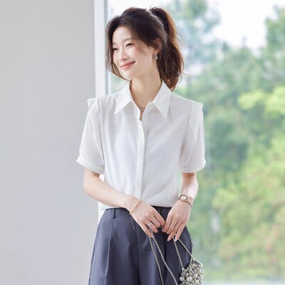 浅紫色短袖衬衫女士夏款新款时尚百搭显瘦小个子通勤商务休闲衬衣