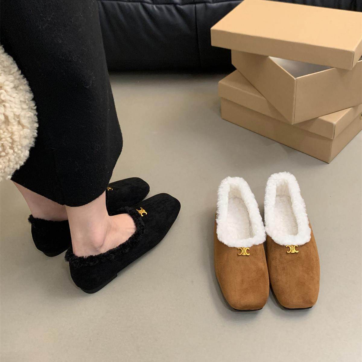 香港复古绒面豆豆鞋女冬加绒2025新款仙女风气质平底一脚蹬棉鞋子,女鞋,深口单鞋,淘宝优惠券,粉丝福利购,淘宝优惠卷