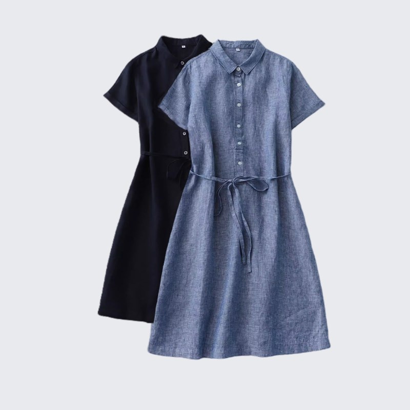 棉麻短袖连衣裙女夏季新款时尚翻领收腰系带亚麻女士中长款衬衫裙