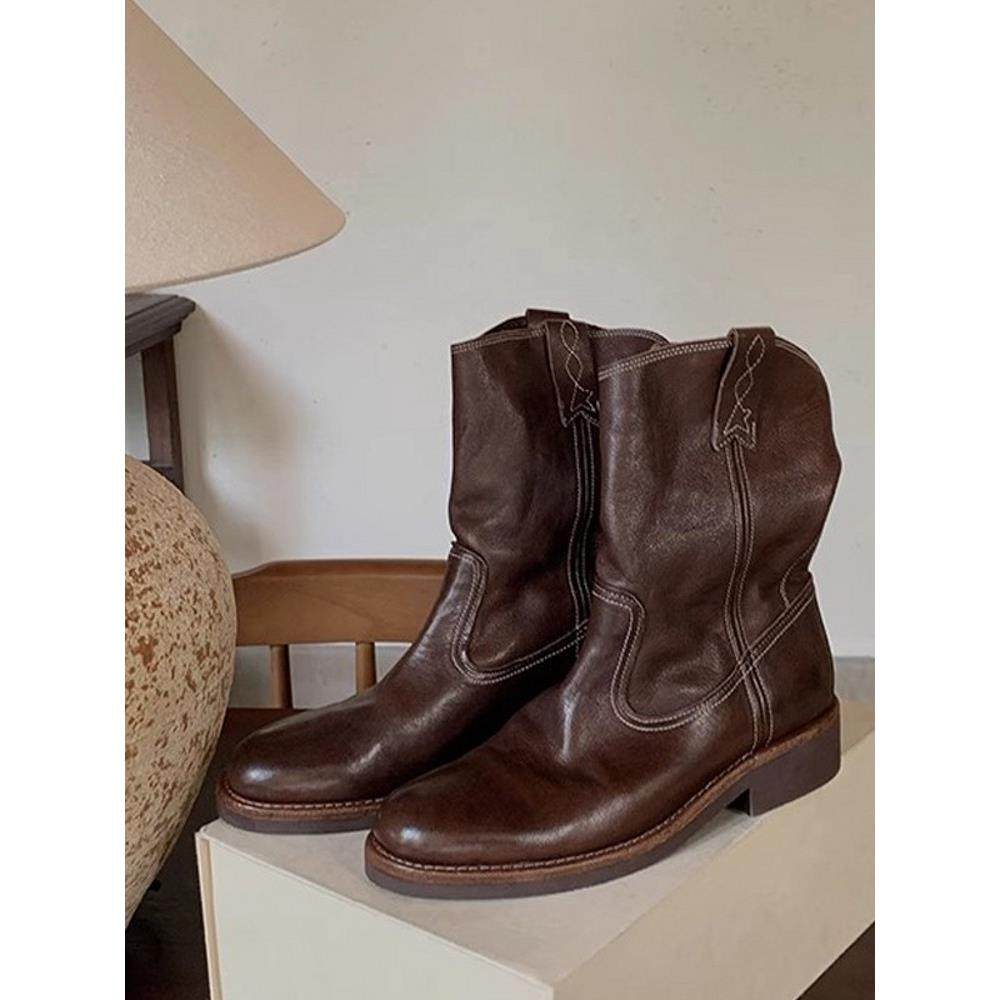 香港真皮短靴女2025秋季新款V口机车粗跟中筒沙漠覆古西部牛仔靴,女鞋,西部靴,淘宝优惠券,粉丝福利购,淘宝优惠卷