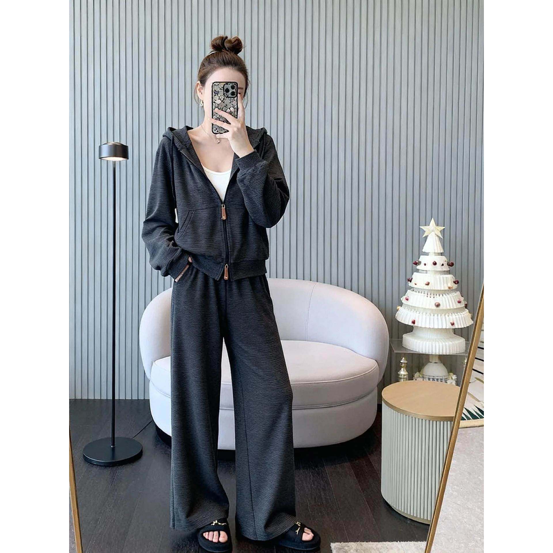 韩国慵懒风条纹连帽卫衣套装女秋冬显瘦宽松阔腿裤休闲运动两件套