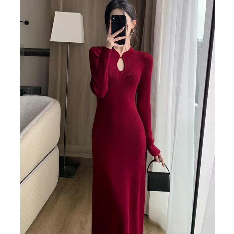 FAshi 新中式立领盘扣红色针织连衣裙女2024秋冬新款显瘦打底长裙