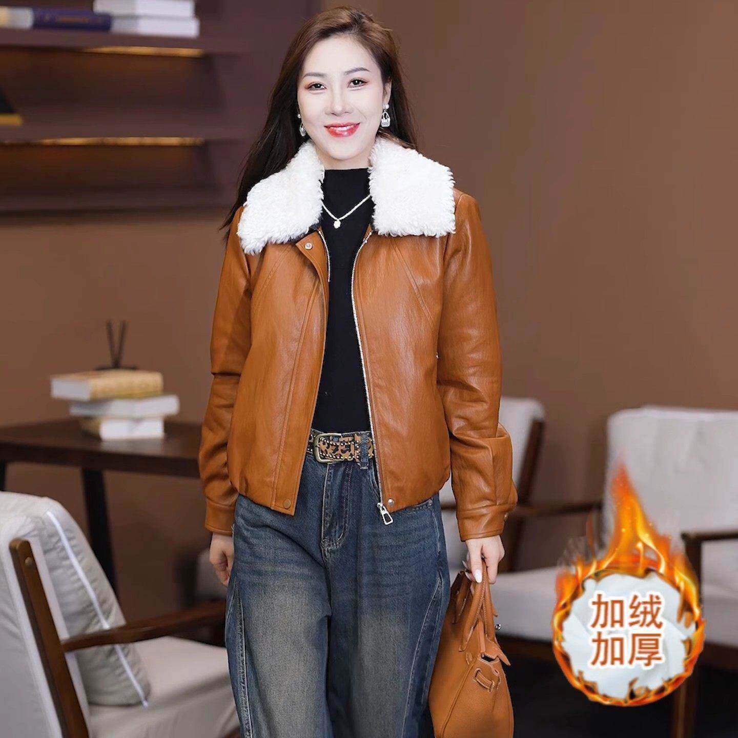 香港代购妈妈装时尚皮衣女冬季新款洋气显瘦加绒短款PU皮夹克外套