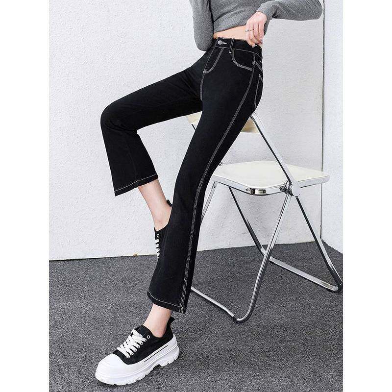 SPYB黑色微喇高腰九分牛仔裤女2025春秋季新款显瘦小个子喇叭裤子