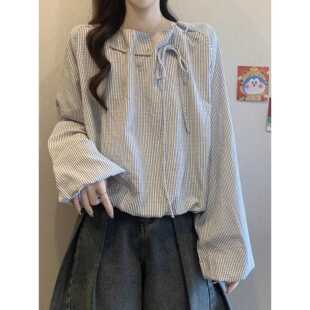 秋装2025新款爆款法式小资系带条纹衬衫女设计感灯笼长袖短款上衣