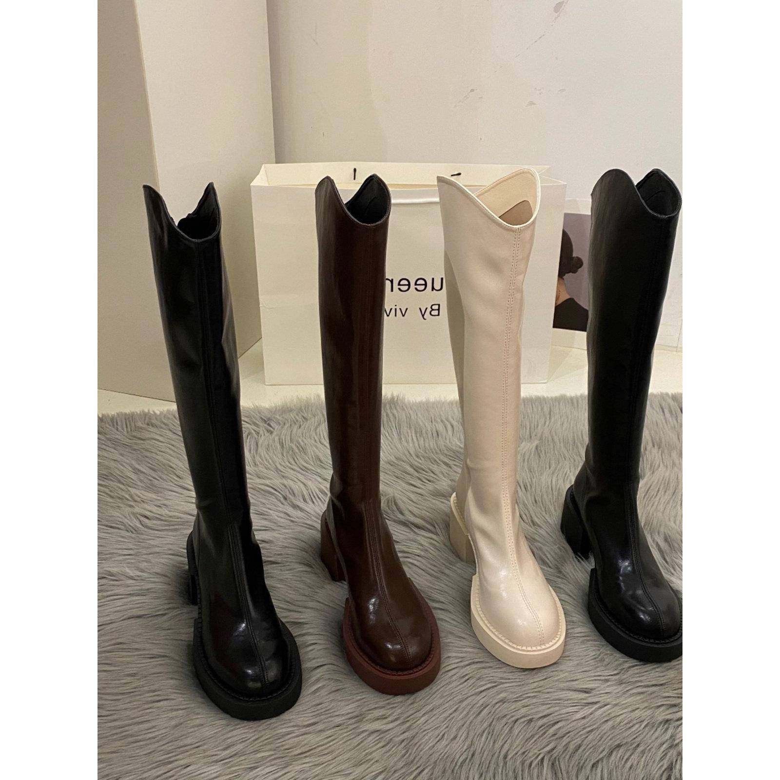 潮牌高跟小众棕色长筒骑士靴女鞋新款春秋冬季中筒V口高筒长靴子,女鞋,骑士靴,淘宝优惠券,粉丝福利购,淘宝优惠卷