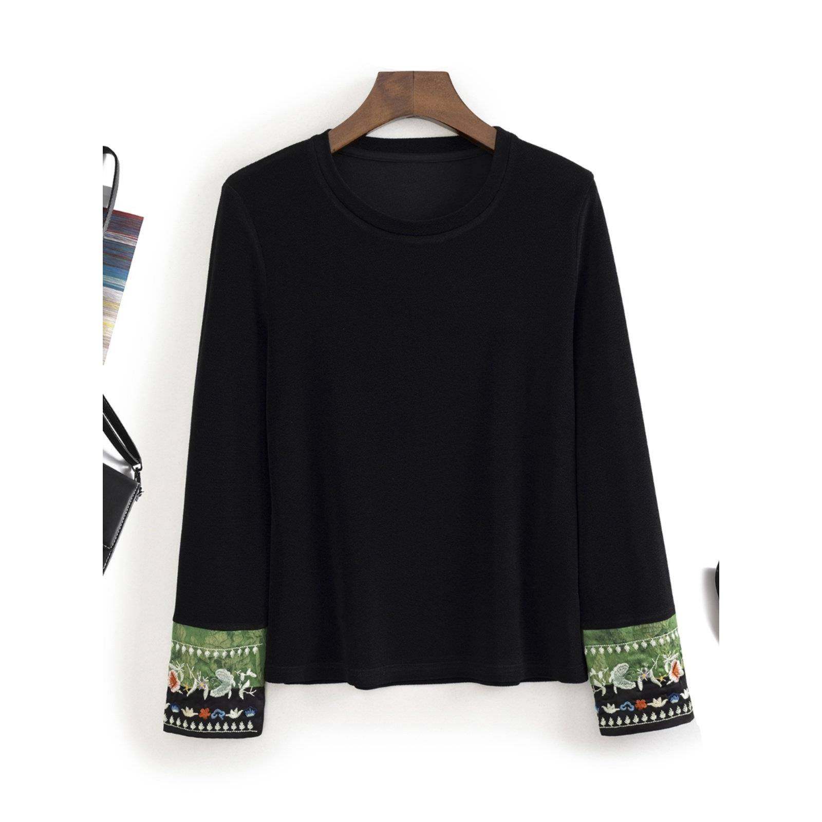新中式覆古国风刺绣袖拼接圆领黑色丝绒t恤打底衫上衣女2025秋冬,女装/女士精品,T恤,淘宝优惠券,粉丝福利购,淘宝优惠卷