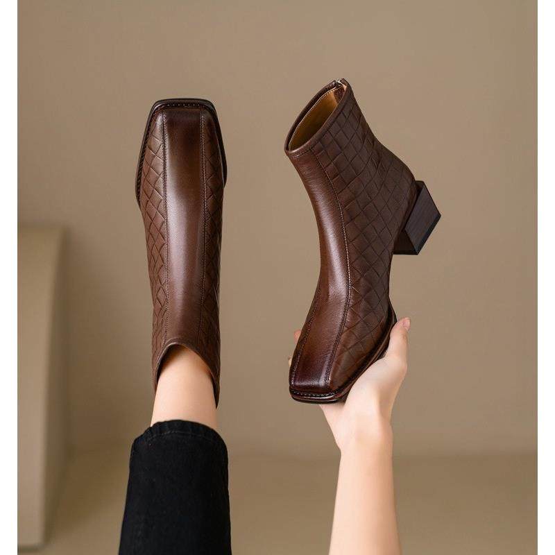 手工女鞋法式覆古羊皮粗跟短靴女秋冬新款方头低跟骑士靴薄款单靴,女鞋,时装靴,淘宝优惠券,粉丝福利购,淘宝优惠卷