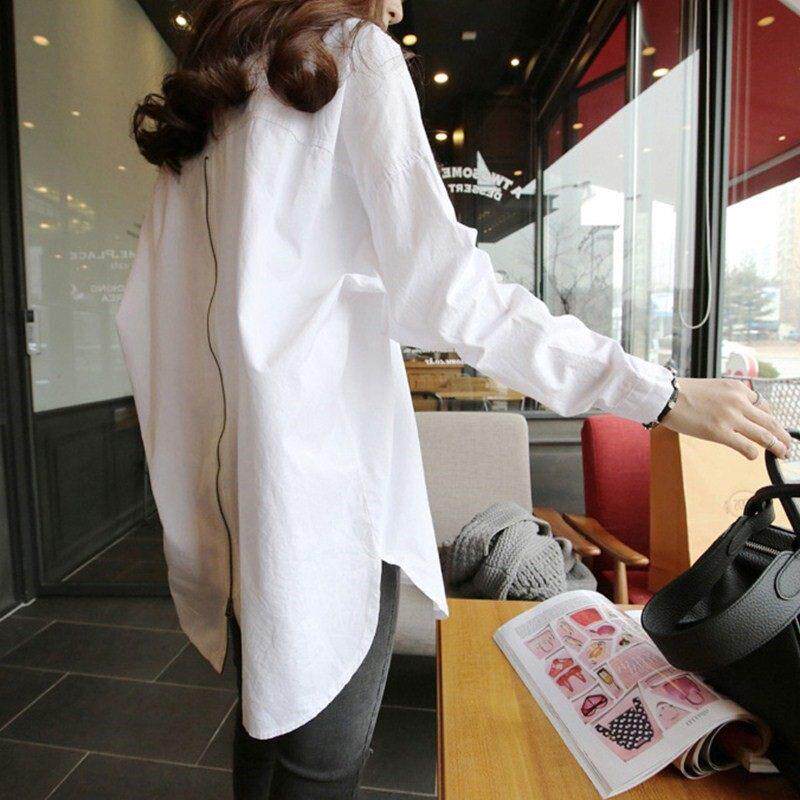 白色衬衫女中长款大码宽松长袖百搭纯棉衬衣春秋新款时尚洋气上衣