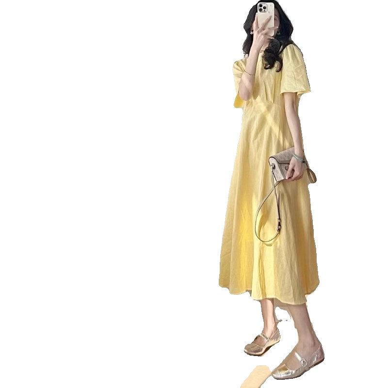 2025年夏季新款茶歇法式桔梗长裙遮肚子显瘦黄色洋装女装