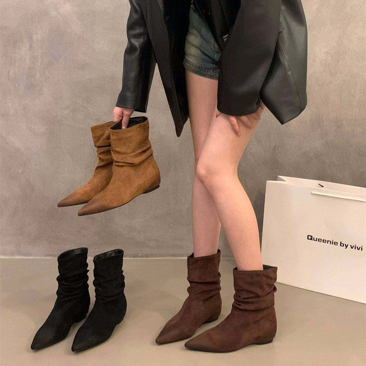香港内增高棕色绒面堆堆靴短靴女鞋2024秋冬季复古瘦瘦靴小踝靴子,女鞋,时装靴,淘宝优惠券,粉丝福利购,淘宝优惠卷