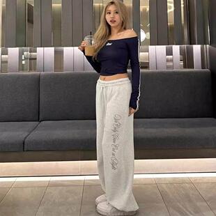 吴小姐韩代正品seoul蕾丝花边运动卫裤款字母刺绣灰色抽绳裤子女