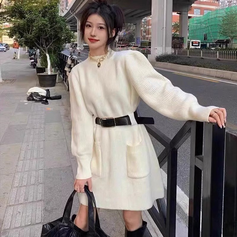FAshi 2024年新款温柔奶系穿搭减龄连衣裙女洋气内搭针织裙子秋冬
