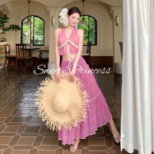 「紫薇」纯欲性感挂脖bikini分体泳衣三件套沙滩海边度假长裙泳衣