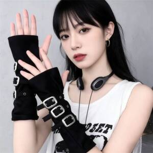 袖套亚文化千禧辣妹女黑色半截露指手套金属扣暗黑朋克防晒cos