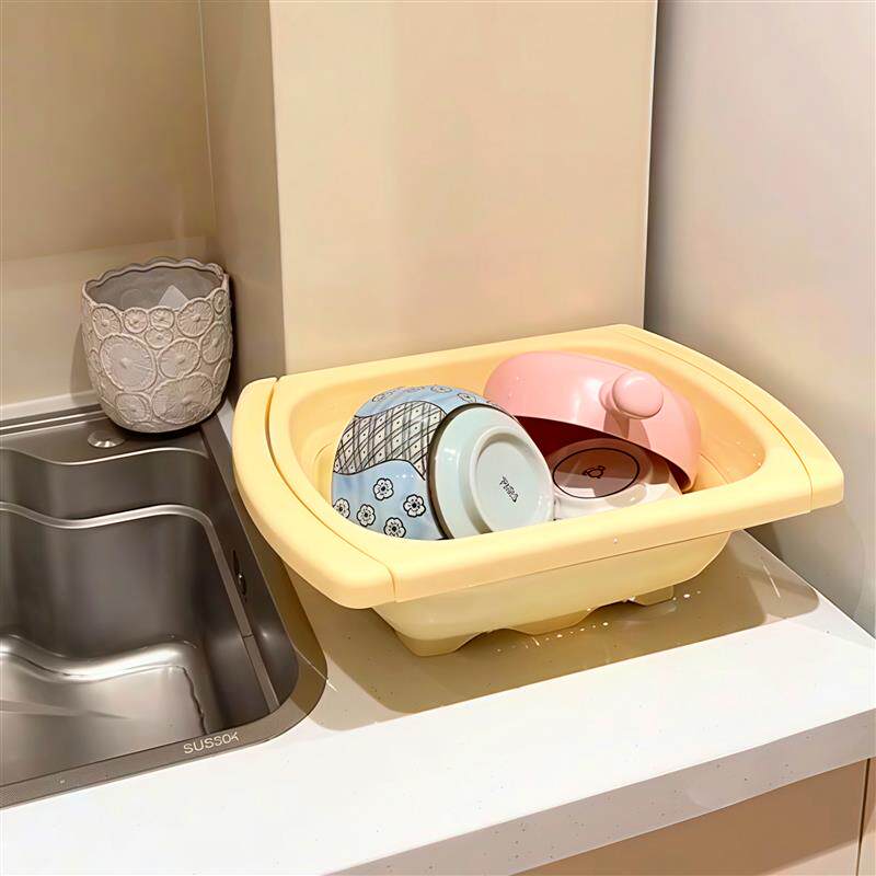 热销奶黄色厨房水槽沥水篮可伸缩置物架碗碟收纳架家用洗水果洗菜