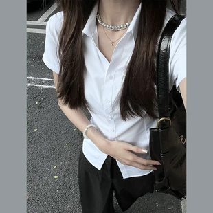 收腰jk衬衣小个子法式 白色职业短袖 2025年新款 衬衫 掐腰上衣 女夏季