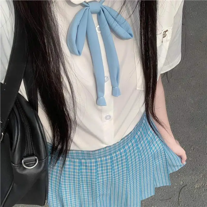 套装短袖衬衫女JK制服基础款衬衣学院风松蓝格裙短裙百褶裙半身裙