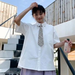女JK制服學(xué)院風(fēng)休閑襯衫 短袖 原創(chuàng)自制日系百搭寬松奶白襯衫