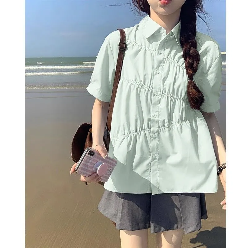 夏季新款薄荷绿褶皱设计感短袖衬衫女多巴胺穿搭休闲衬衣上衣潮