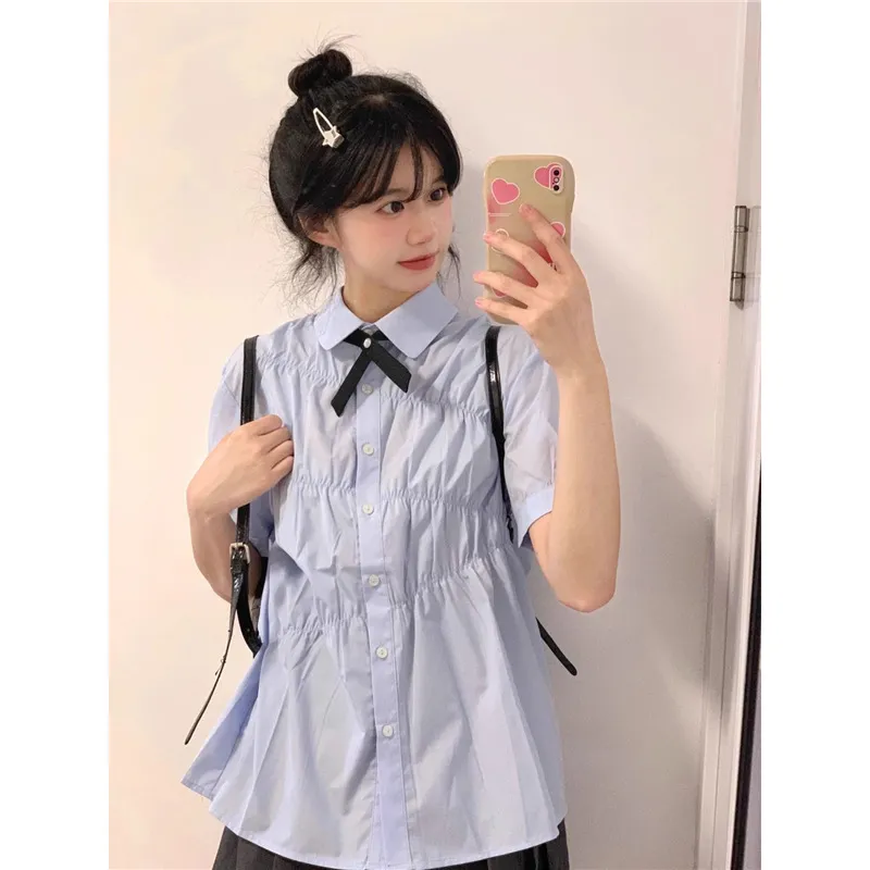 夏季甜美蓝色衬衫女短袖设计感小众宽松休闲高级感jk衬衣褶皱上衣
