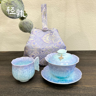 轻孰结晶釉渐变青紫花口三才盖碗喝茶套组家用陶瓷一人饮窑变茶具