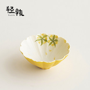 高颜值柠黄手绘桂花斗笠杯茶杯陶瓷釉下彩主人杯女士喝茶品茗杯