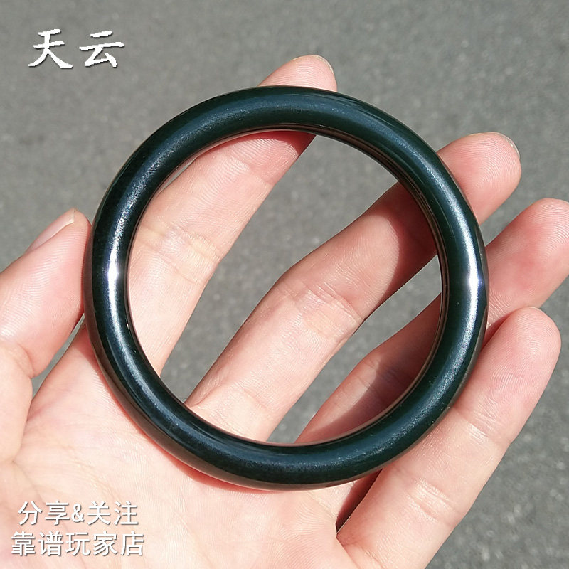 和田玉黑青细圆条玉石手镯58mm黑青玉