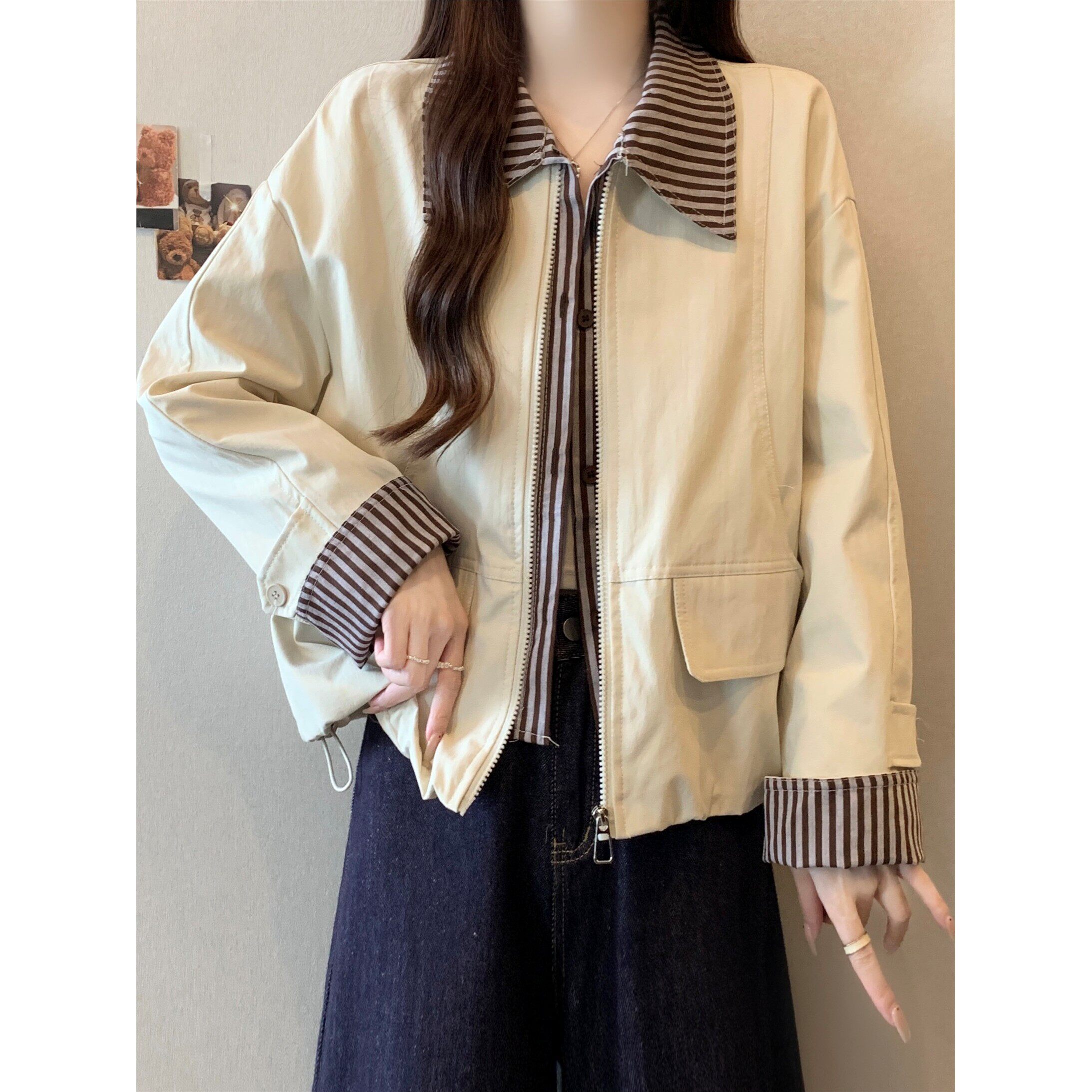 设计感短款夹克开衫外套女款春秋2025大码胖mm假两件条纹拼接上衣