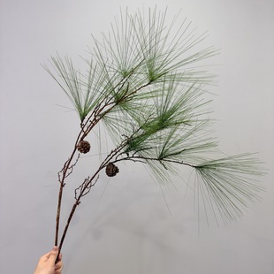 绿色仿真松枝小垂雪松长松针乔松 松果枝造景插花摆件
