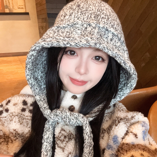 2025新款大头围显脸小帽子针织连帽围巾女秋冬保暖护耳毛线帽冷帽