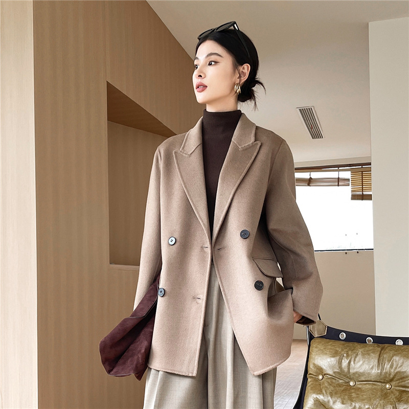 100纯羊毛双面毛呢大衣女式西装领短款呢子外套时尚高级感开衫潮