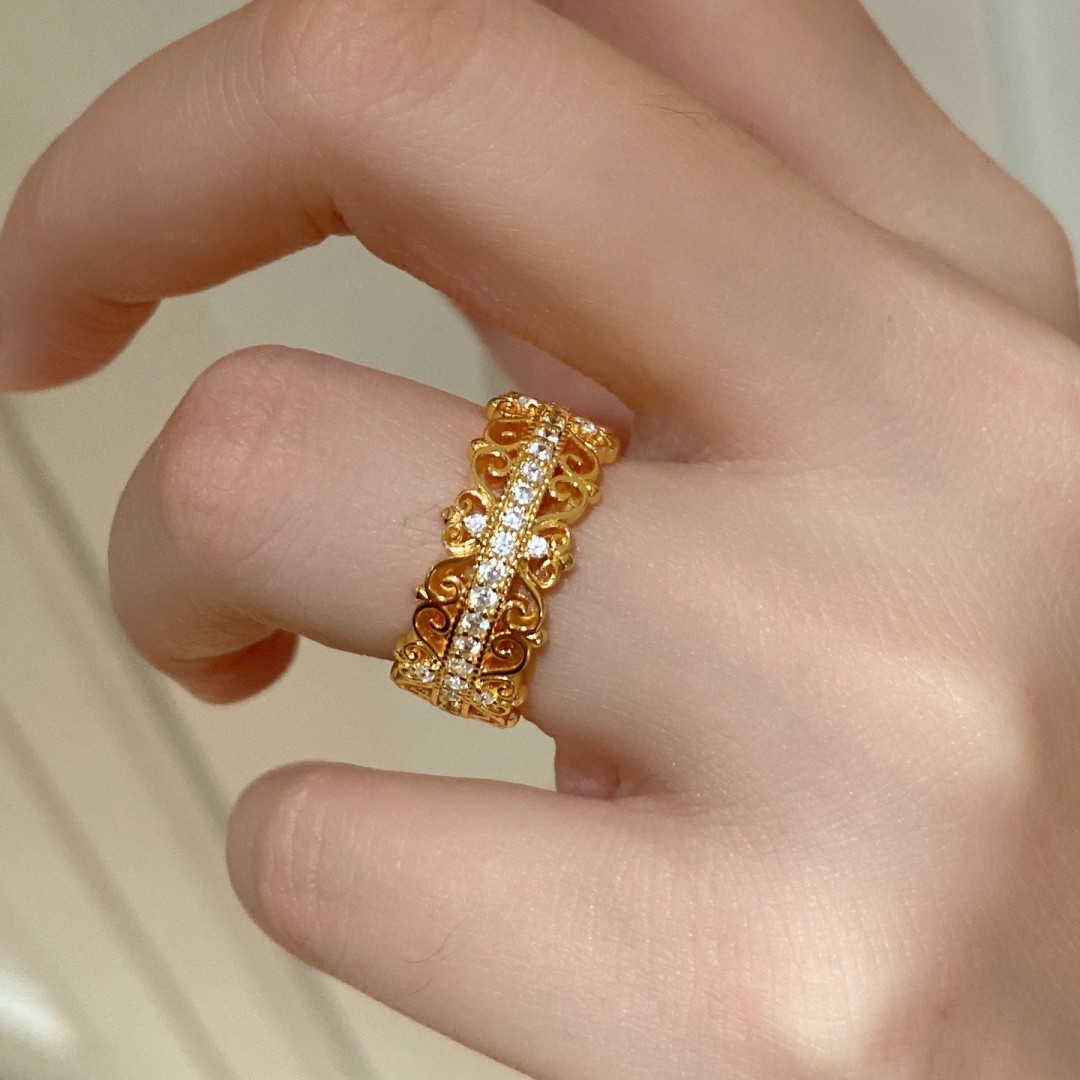 城堡蕾丝宽版戒指女925银镀18K金