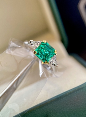 狂推1.42克拉进口培育祖母绿钻石方戒指925银 木作色支持GIA或GRC