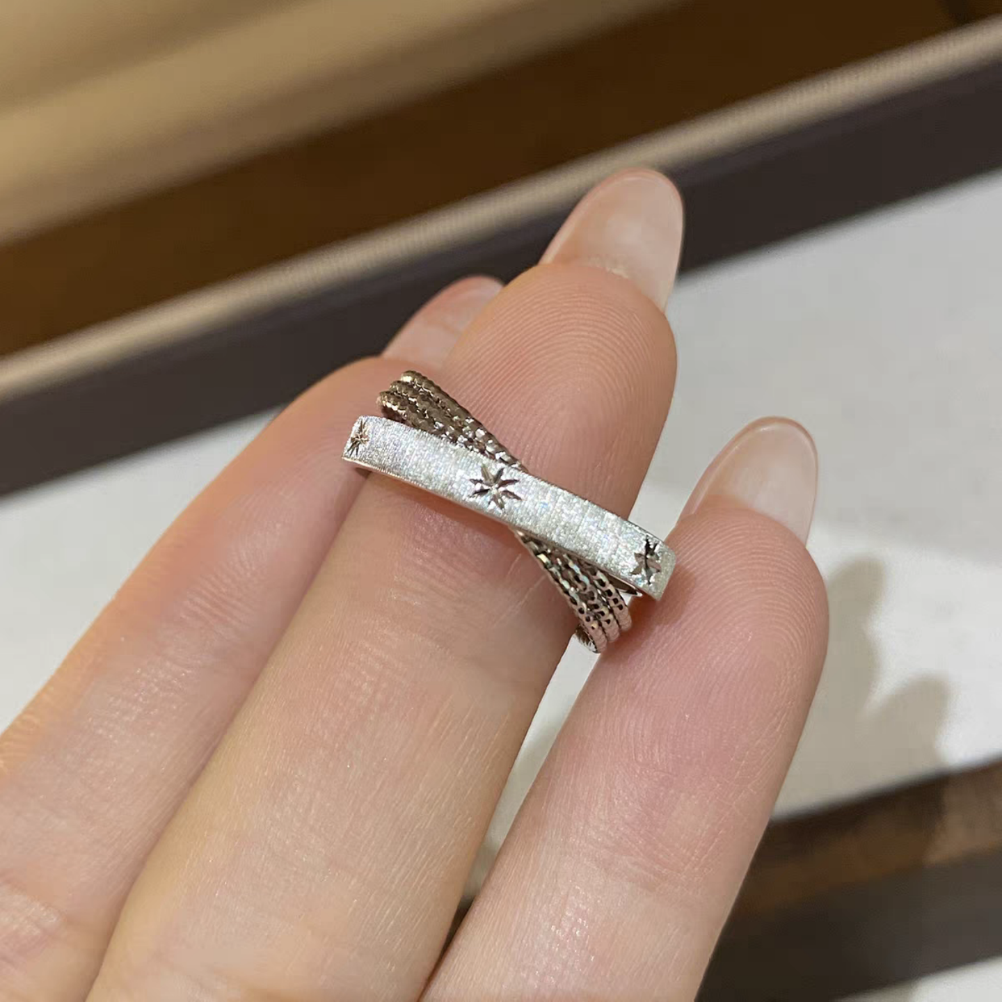 浮光跃金拉丝交叉叠层戒指女925